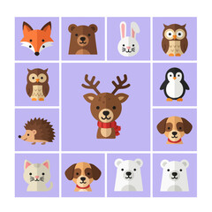 Obraz premium Cute Woodland Animals Collection - Fox, Bear, Rabbit, Owl, Deer, Penguin, Dog, Cat