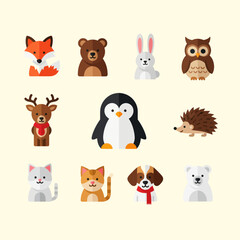 Fototapeta premium Cute Woodland Animals Collection - Fox, Bear, Rabbit, Owl, Deer, Penguin, Hedgehog, Cat, Dog