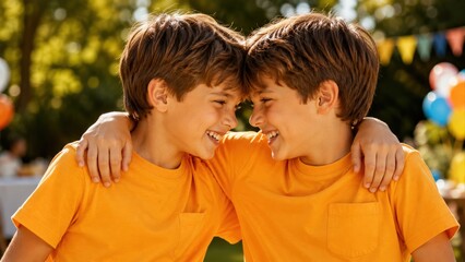 Fototapeta premium Twin Boys Laughing With Arms Around Each Other at Birthday Party
