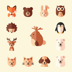 Fototapeta premium Cute Woodland Animals Collection: Fox, Bear, Rabbit, Owl, Penguin, Deer, Dog, Cat