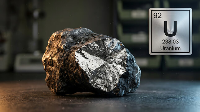 Raw Uranium Metal Broken Crystalline Ingot Silvery-White Luster Dull Gray-Black Oxide Fresh Fracture Fine Grain Structure Beside Brushed Neptunium Periodic Table Actinide