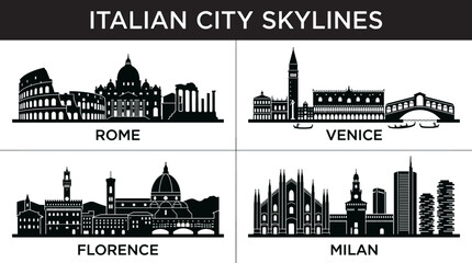 Naklejka premium Minimal Black Silhouette Vector Set of Italian City Skylines Featuring Rome Venice Florence and Milan