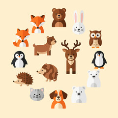 Naklejka premium Cute Woodland Animals Collection: Fox, Bear, Rabbit, Owl, Penguin, Deer, Hedgehog, Dog, Cat