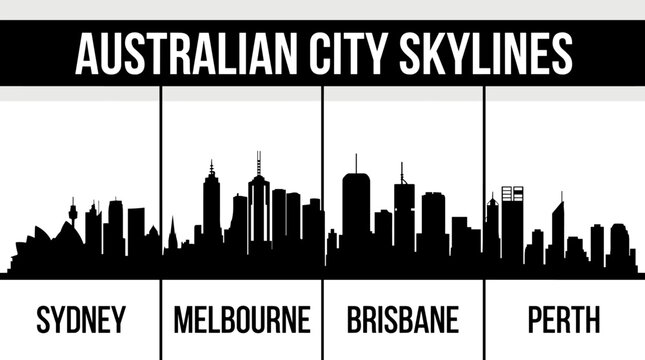 Australian City Skyline Silhouette Collection in Minimal Black Flat Vector Style Featuring Sydney, Melbourne, Brisbane and Perth