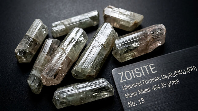Raw Zoisite Orthorhombic Crystal Fragment Grayish-Green Pale Brown Vitreous Pearly Luster Elongated Prisms Beside Dark Aluminum Periodic Table Macro Sorosilicate