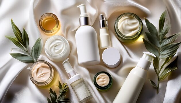 Dynamic Flat Lay Of Skincare Products Arranged On White Satin Background With Calming Hues