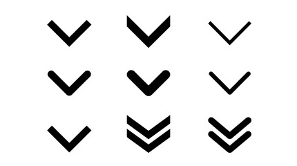Minimalist black chevron arrow icons, set of 9 vector down arrow symbols, modern geometric navigation pointers for web and app interface design © SiyamolHasan