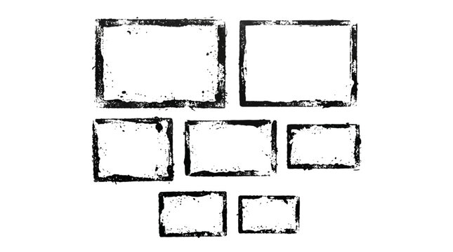 Grunge border collection, 7 distressed rectangle frames with ink texture, vintage black stamp borders for photo overlays and design