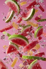 Obraz premium Dynamic floating watermelon slices and yellow fruit chunks mixed with ice cubes against a vibrant pink backdrop.