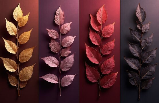Four vertical branches with leaves in gold, pink, red, and dark purple hues. Autumn foliage display with rich, earthy tones and distinct textures on segmented backgrounds.