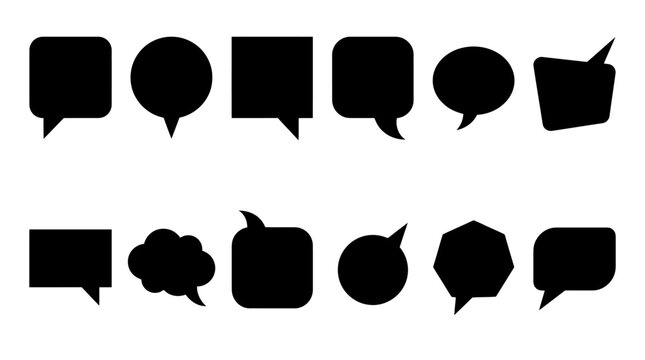 Minimalist speech bubble silhouettes, set of 12 black chat icon vectors, flat comic thought clouds and message balloons for digital communication