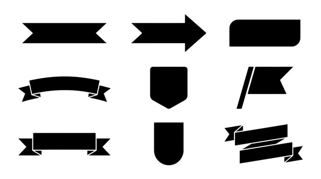 Minimalist black ribbon banners and flag icons set. Flat vector graphic elements for labels and badges. Simple geometric shield and arrow shapes.