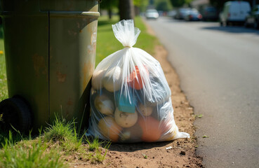 Naklejka premium Plastic rubbish bag full of garbage sits beside a green bin on a sidewalk. A street with cars is visible in the background, suggesting urban waste.