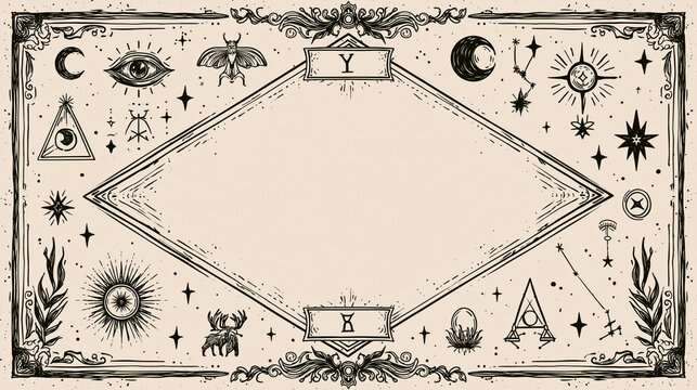Ornate tarot card doodle frame with vintage occult symbols, hand-drawn spiritual border design, astrology witchcraft aesthetic, with copy space