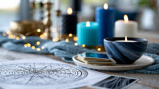Tarot cards and a natal astrology chart displayed together with candles, fortune telling session, mystic forecast, with copy space
