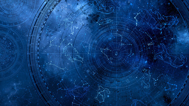 Intricate vintage celestial map displaying zodiac constellations, cosmic astrology illustration, star chart art, with copy space