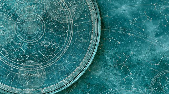 Intricate vintage celestial map displaying zodiac constellations, cosmic astrology illustration, star chart art, with copy space