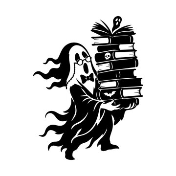 Cute Ghost Carrying Stack of Books Silhouette Isolated on White Background