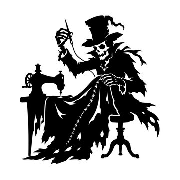 Victorian Tailor Halloween Character Silhouette with Sewing Machine Isolated on White Background