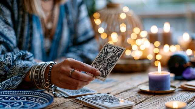 Close-up of a fool-style tarot card held by a fortune teller near candlelight, mystical ritual scene, with copy space