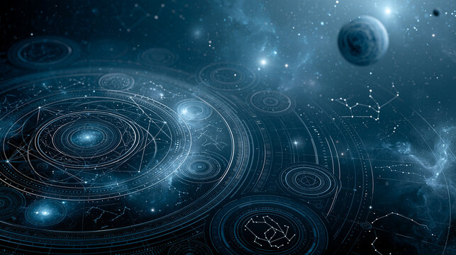 Intricate celestial map background featuring cosmic wonders and constellation patterns, astrology wallpaper design, with copy space