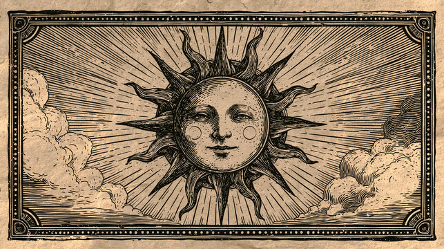 Vintage-style tarot card featuring a sun motif with retro engraving details, fortune telling art, esoteric design, with copy space