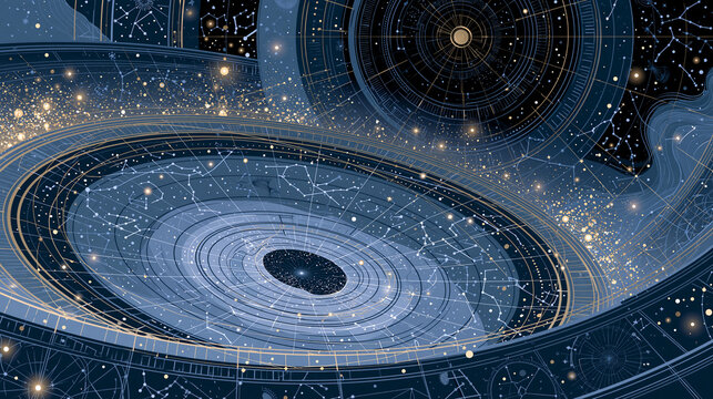 Intricate celestial map background featuring cosmic wonders and constellation patterns, astrology wallpaper design, with copy space