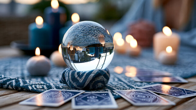 Mystical crystal ball and tarot cards illuminated by soft candlelight, spiritual fortune telling scene, with copy space