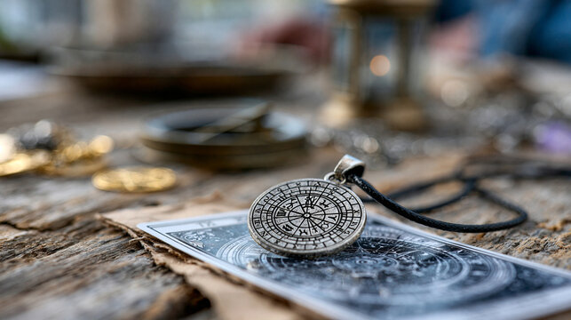 Astrology-themed pendant and tarot card arranged together, mystical jewelry concept, spiritual symbolism, with copy space