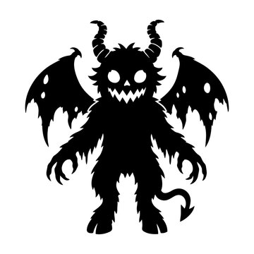 Cute Demon Monster with Wings Silhouette Isolated on White Background
