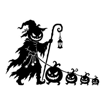 Creepy Halloween Witch with Pumpkin Lantern Silhouette Isolated on White Background