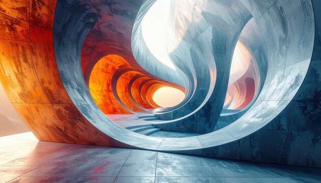 Futuristic architectural tunnel with glowing orange and blue light, presenting a surreal, modern design concept