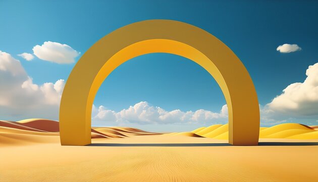 D Render Surreal Desert Landscape With Yellow Arch And White Clouds In The Blue Sky On Sunny Day Modern Minimal Abstract Background