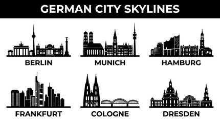 Obraz premium Minimal Black German City Skyline Landmark Silhouette Vector Illustration Set with Historic Architecture