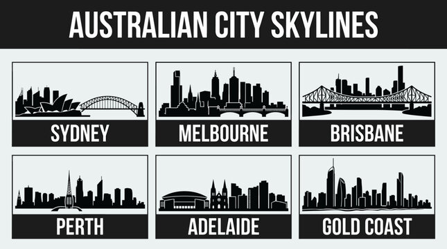 Australian City Skylines Vector Icon Set in Minimal Black and White Flat Design