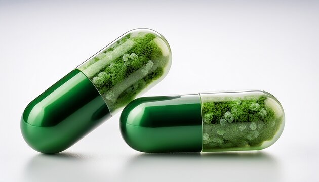 Green Softgels On White Background Featuring One Large Gray Capsule And Two Smaller Capsules With Intricate Moss Green Patterns Minimalist Clean Product Shot Ideal For Health Supplement Advertising