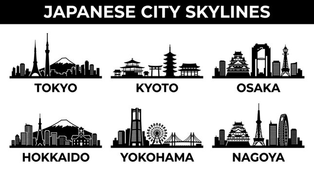 Minimal Black Japanese City Skyline Landmark Silhouette Vector Illustration Set with Famous Urban Architecture
