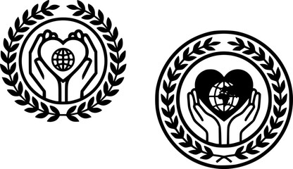 Fototapeta premium Hands Holding Globe with Heart and Laurel Wreath Circle Emblem Black Outline Badge Set for Charity, Humanitarian, NGO and Global Care Themed Design Projects
