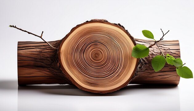 A Brown Wooden Log With Distinct Rings And A Branch On White Background