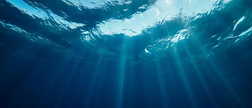 Sunlight beams through ocean surface waves underwater with clear blue water and rippling light patterns