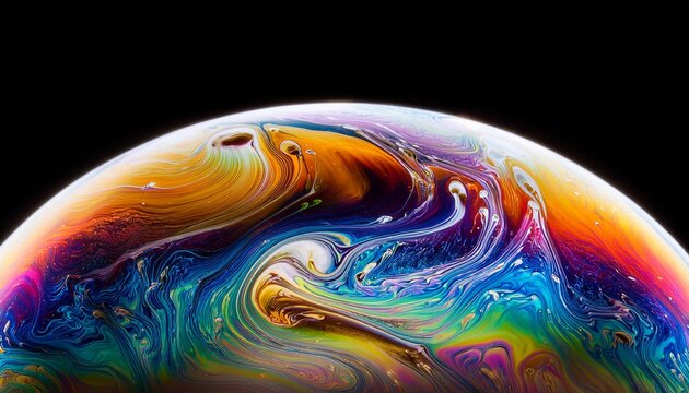 Close Up Macro Photograph Of The Psychedelic Rainbow Of Colors Mixing And Swirling In A Soap Bubble To Look Like A Fantasy Galaxy Or Planet Isolated Against A Black Background