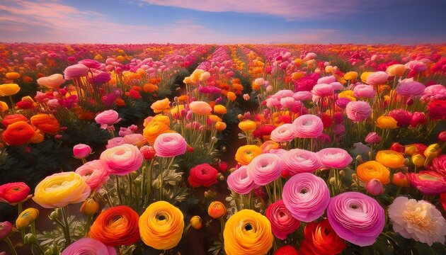 Original Photograph Of A Field Full Of Pink Coral And Yellow Colored Ranunculus Flowers