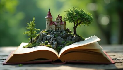 Obraz premium Open book displays miniature castle on rocky hill with trees. Fantasy landscape emerges from pages, inviting imagination and dreamlike exploration. Stories come alive.