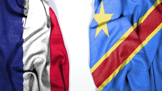 big waving realistic national colorful flag of france and national flag of democratic republic of the congo