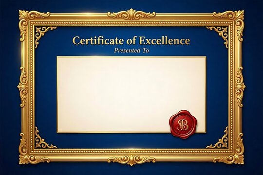Regal certificate background with a deep royal blue gradient and ornate golden frame for official diplomas, awards, and luxury templates