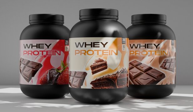 whey protein powder tubs in a row, on a grey background