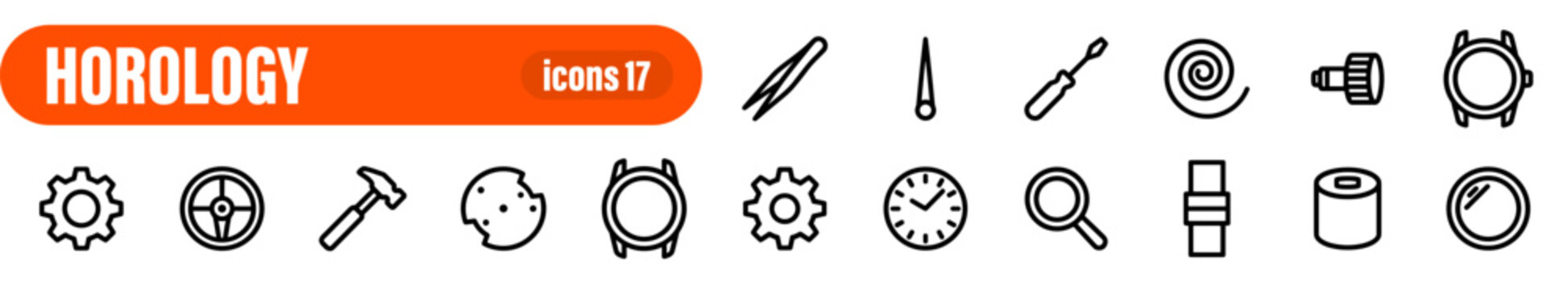 Horology and watchmaking tools icon set