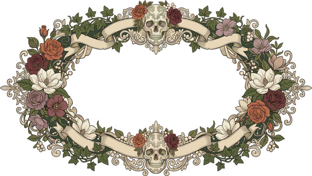 Vintage Floral Sugar Skull Ornamental Frame with Roses Ivy Scrollwork and Elegant Day of the Dead Inspired Vector Illustration