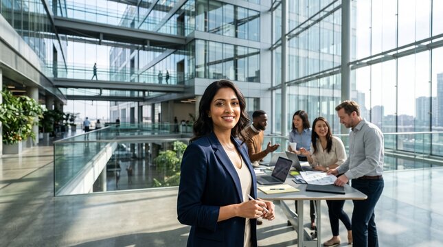 Professional Indian businesswoman smiling confidently in a modern glass office while her diverse group of colleagues collaborates on a project in the bright blurred background area