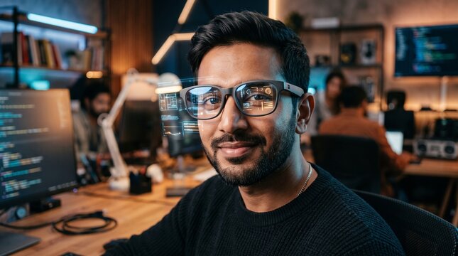 Young male software engineer wearing futuristic augmented reality glasses while working in a modern office environment with complex holographic data projected directly onto his glowing lenses